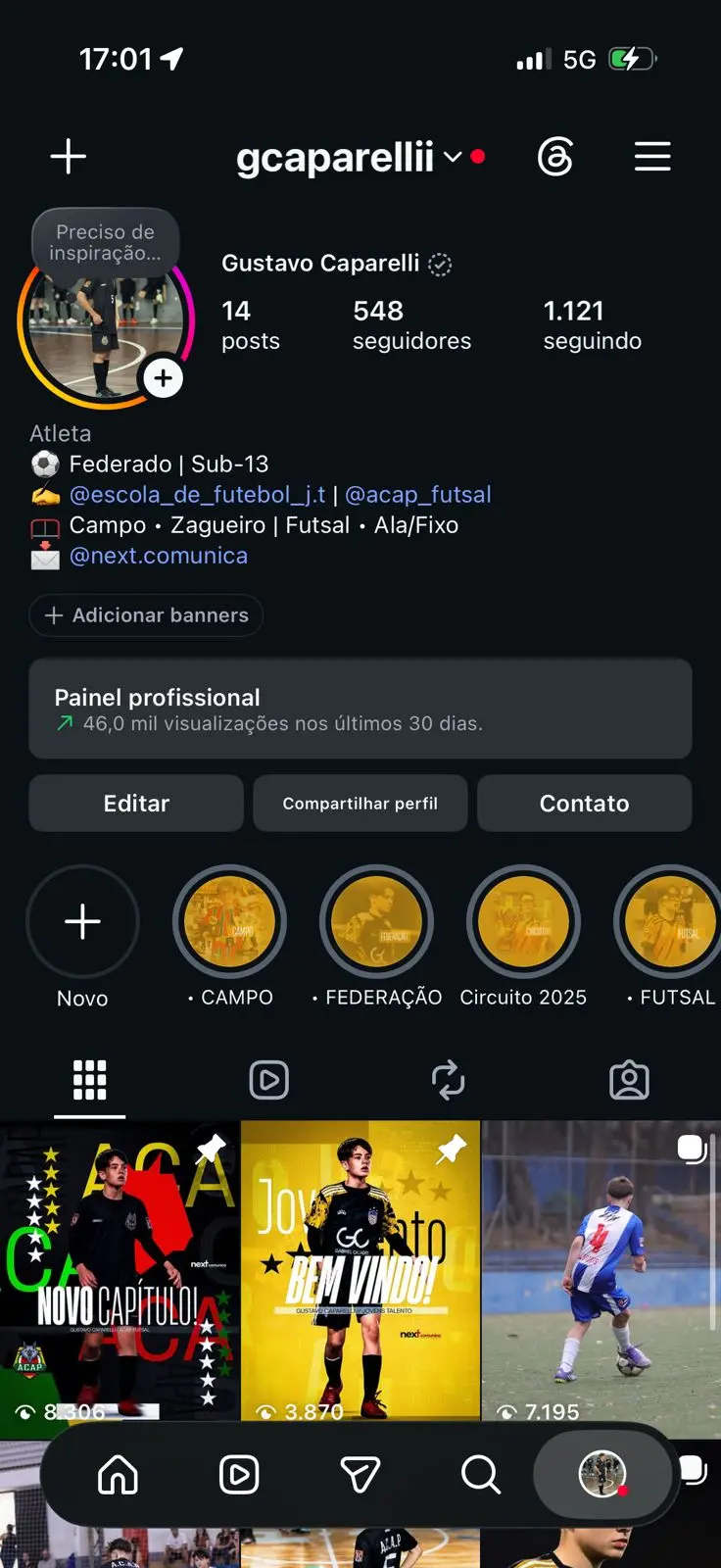 Exemplo de perfil de Instagram organizado com artes esportivas da Next Comunica
